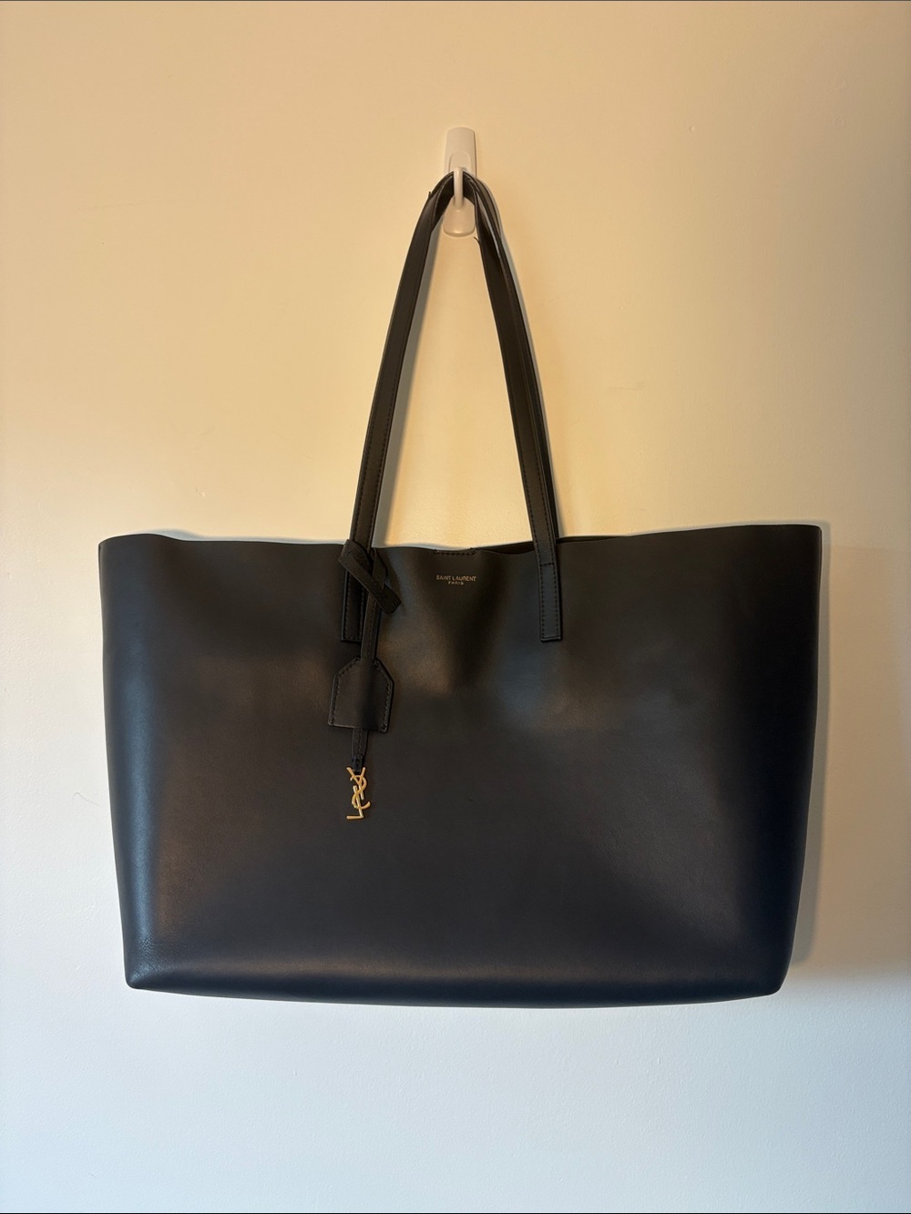 Saint Laurent Black Leather East-West Tote with Gold YSL Charm